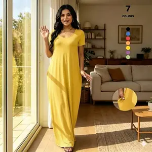 Women’s Plus Size Polyester-Spandex Solid Color Short-Sleeve Breathable Soft Deep V Neck Minimalist Casual Summer Maxi Dress, Curvy Basic Wear, TFNOSIZE#TikTokShopStockUp