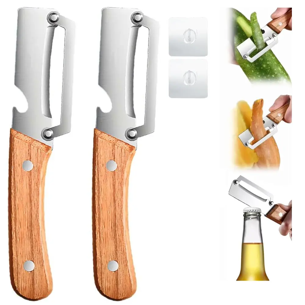 Pack of 2 Multi-Functional Stainless Steel Thickened Fruit Peeler Knife and 2Pcs Hooks for Kitchen, Ultra-Sharp Blade with Wooden Handle and Bottle Opener For Vegetables Fruits that Need to Be Peeled