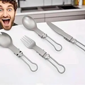 Titanium Tableware Set Folding Knife Fork Spoon Cooking Outdoor Portable Hiking Picnic Camping... Venice Curry Spoon autism  spoons