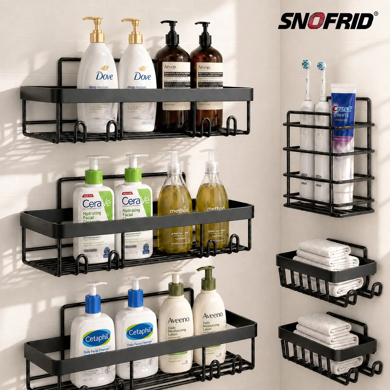 【DealsForYouDays】Snofrid Shower Caddy 6-Pack, Advanced Rustproof Design, No Drilling Adhesive Shelves, Rack with Soap Holder, Large Capacity Bathroom Organizers and Storage, Wall-Mounted Kitchen & Home Decor
