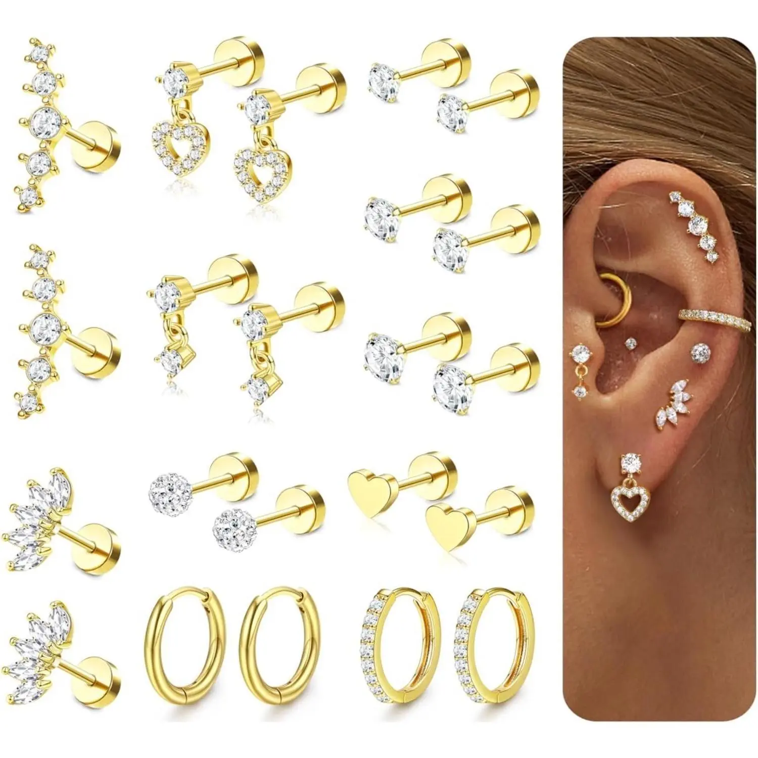 CASSIECA 11pairs Flat Back Earrings Stack for Women Cartilage Earrings Stacks-20G Surgical Stainless Steel Flatback Hypoallergenic Stud Hoop Earring Set Daith Conch Tragus Helix Piercing Jewelry Summervibes,summeroutfits,vacationoutfits,beachoutfits