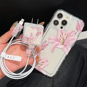 5-Piece iPhone Case Set with Transparent Metal Frame, Includes 1 Charger Sleeve, 2 Cable Protectors, Silicone Cable Tie for iPhone Models 11 to 15
