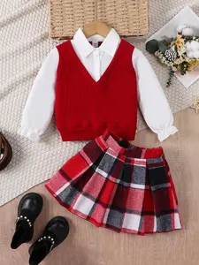 Viral Fall Fashion Alert Adorable Girls' Preppy School Outfit Set with Cozy Red Sweater Vest Crisp White Long-Sleeve Shirt & Vibrant Plaid Pleated Skirt for Toddler Autumn Winter Clothes