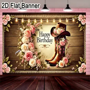 Rustic Vintage Happy Birthday Card, Party decoration supplies, Floral Cowboy Boots and Hat Design, Decorative Bow with Fairy Lights, Aesthetic for Celebrations, Perfect for Country and Outdoor Birthday Parties