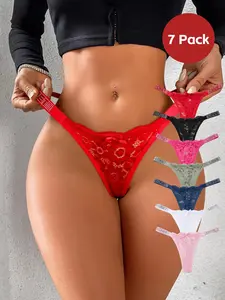 New Embroidered Seamless Breathable Design Bikini Panties, Fashion Low Waist Slim Fit Lace Thongs Knitted Stretch Underwear for Women Lingerie, All-Seasons 7-Pack Ladies Underwear