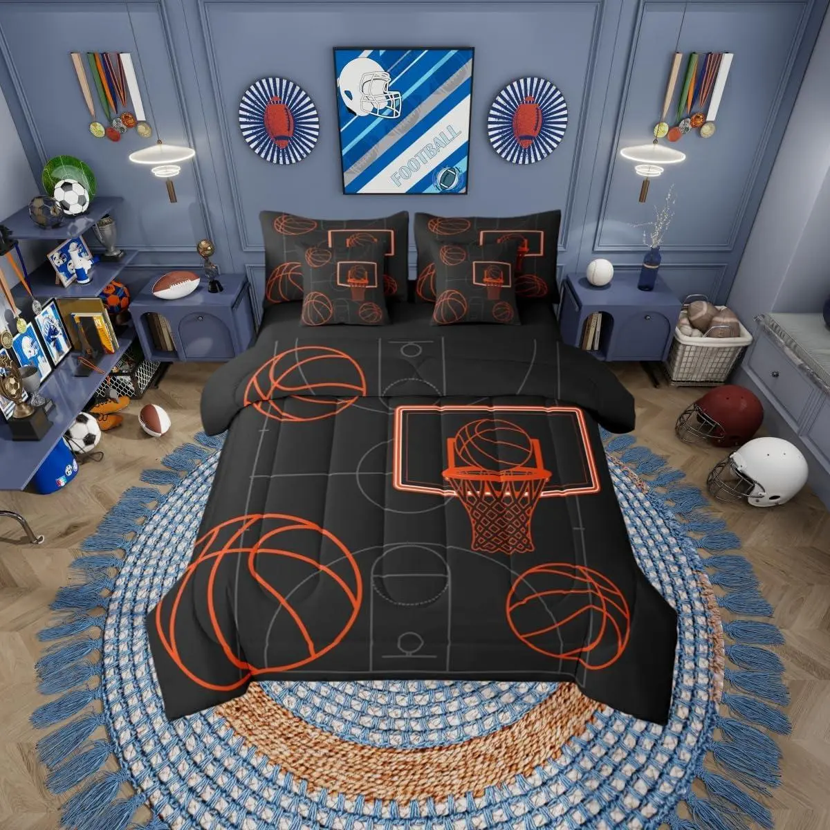 Basketball Games Boys Kids 7 Piece Bedding Set,| Gaming Ball Pattern Comforter Set with Sheets Sports Theme Bed in A Bag Black Orange Bed Sets