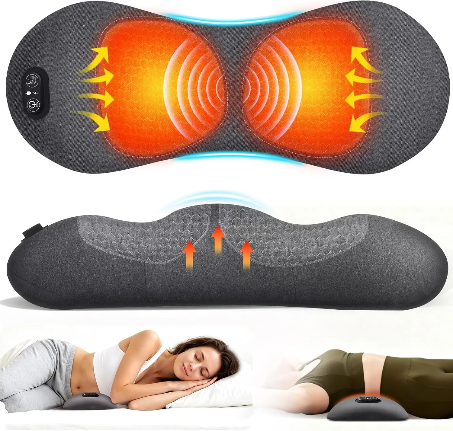 3-in-1 Electric Lumbar Support Pillow - FSA Eligible HSA Eligible, Triple Fusion Back Massager with Heat, Vibration and Tractionage, Lower Back Massager for Pain Relief Deep Tissue, Grey