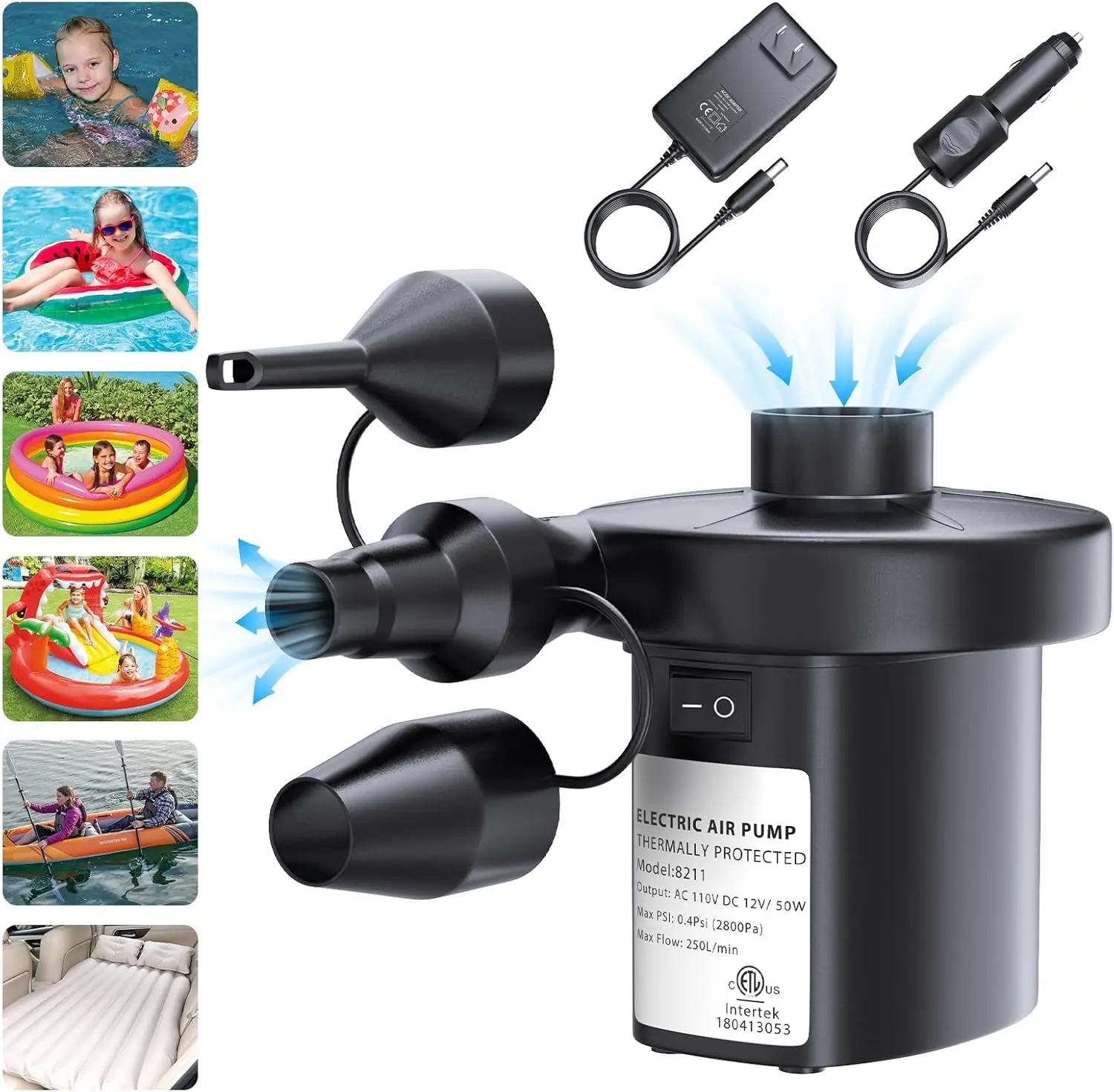 Outdoorfun Electric Air Pump for Inflatables, Stocking Stuffers for Women Teens Adults Men VANNPOOY Portable Car Air Mattress Pump 110V AC/12V DC, Inflate Deflate Air Pump with 3 Nozzles, Pool Float Inflator Pump for Air Bed Toys Raft Boat Swimming Ring