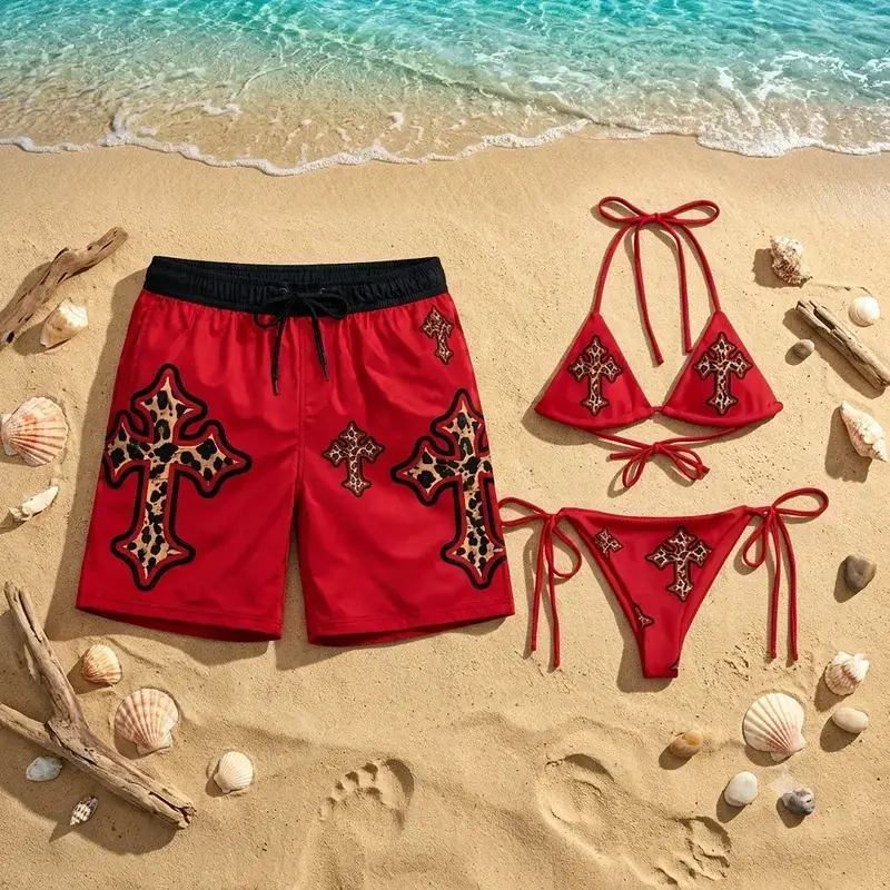 Red Leopard Cross Couple Swimsuit Set, Couple Beach Set Gothic Style Bikini & Sports Mesh Shorts for the Beach Party, Honeymoon Gift, Family Vacation Outfit