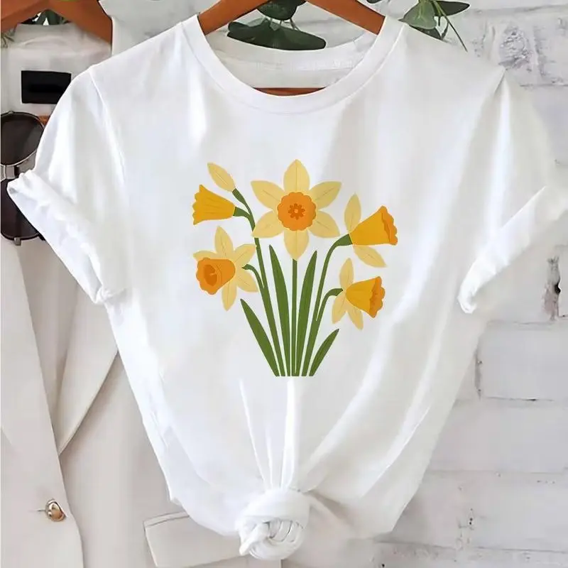 Women's Crew-Neck T-Shirt with Yellow Daffodil Print — Pure Cotton Casual Crew-Neck Tee with an Inspirational Design