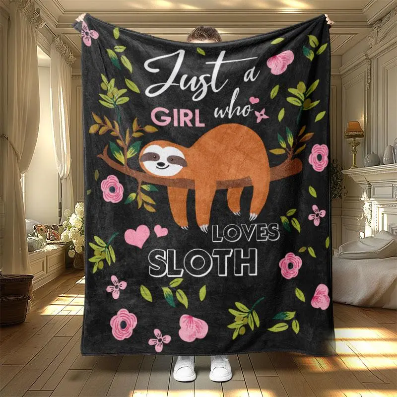 Sloth & Letter Print Flannel Blanket, 1 Count Soft Warm Cozy Throw Blanket, Air-conditioned Room Blanket, Warm Nap Blanket for Home Office Travel
