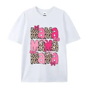 Stacked Pink Leopard "MAMA" Bow Graphic Cotton T-Shirt | Mother's Day Gift for Mom | Fashion Oversized Cute Comfort Outfit | Best Gift for Family Friends