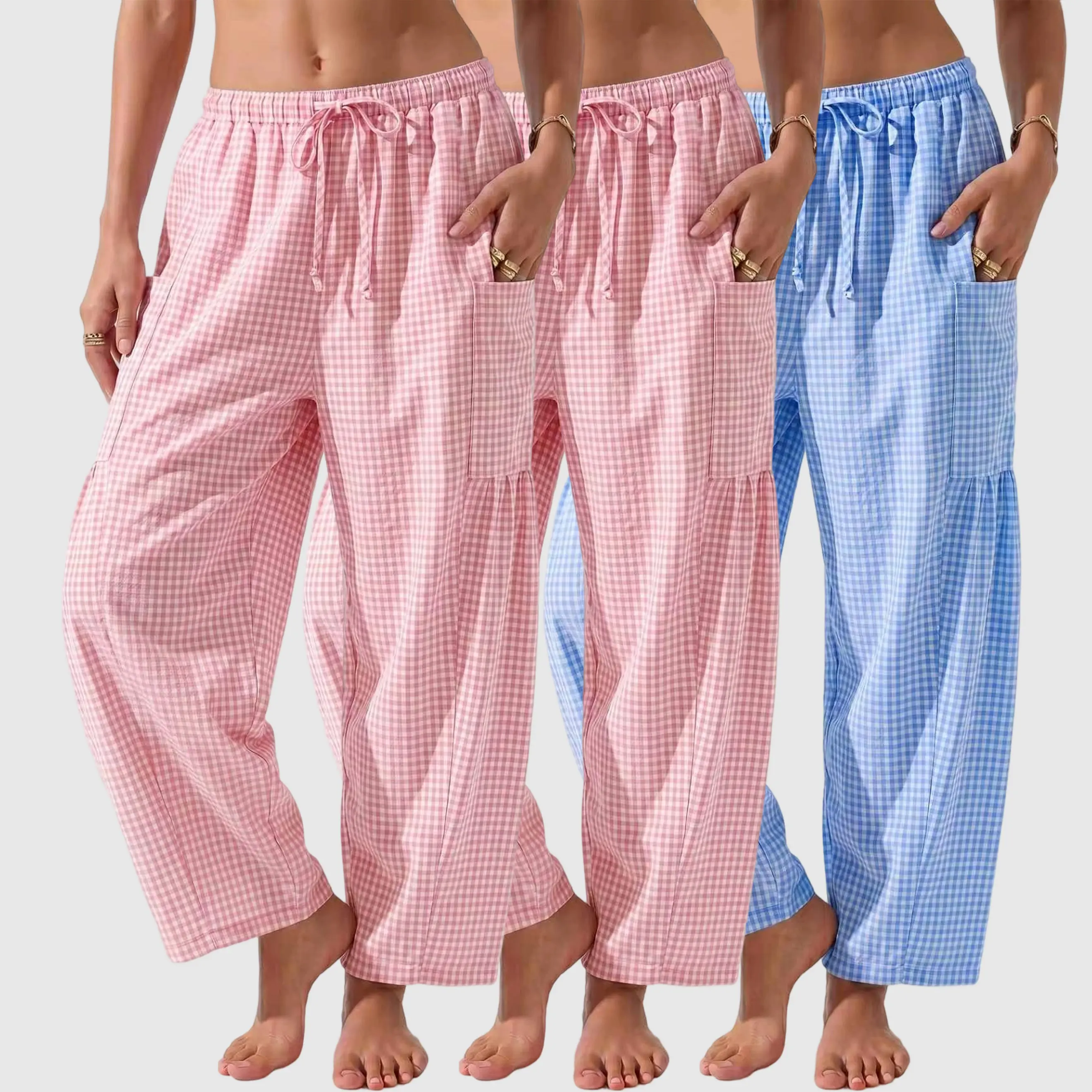 Women’s three-piece set featuring ballet-inspired small plaid wide-leg loungewear pants; soft cotton blend long pants with an elastic drawstring waist and side pockets-lightweight, breathable, flowy, loose