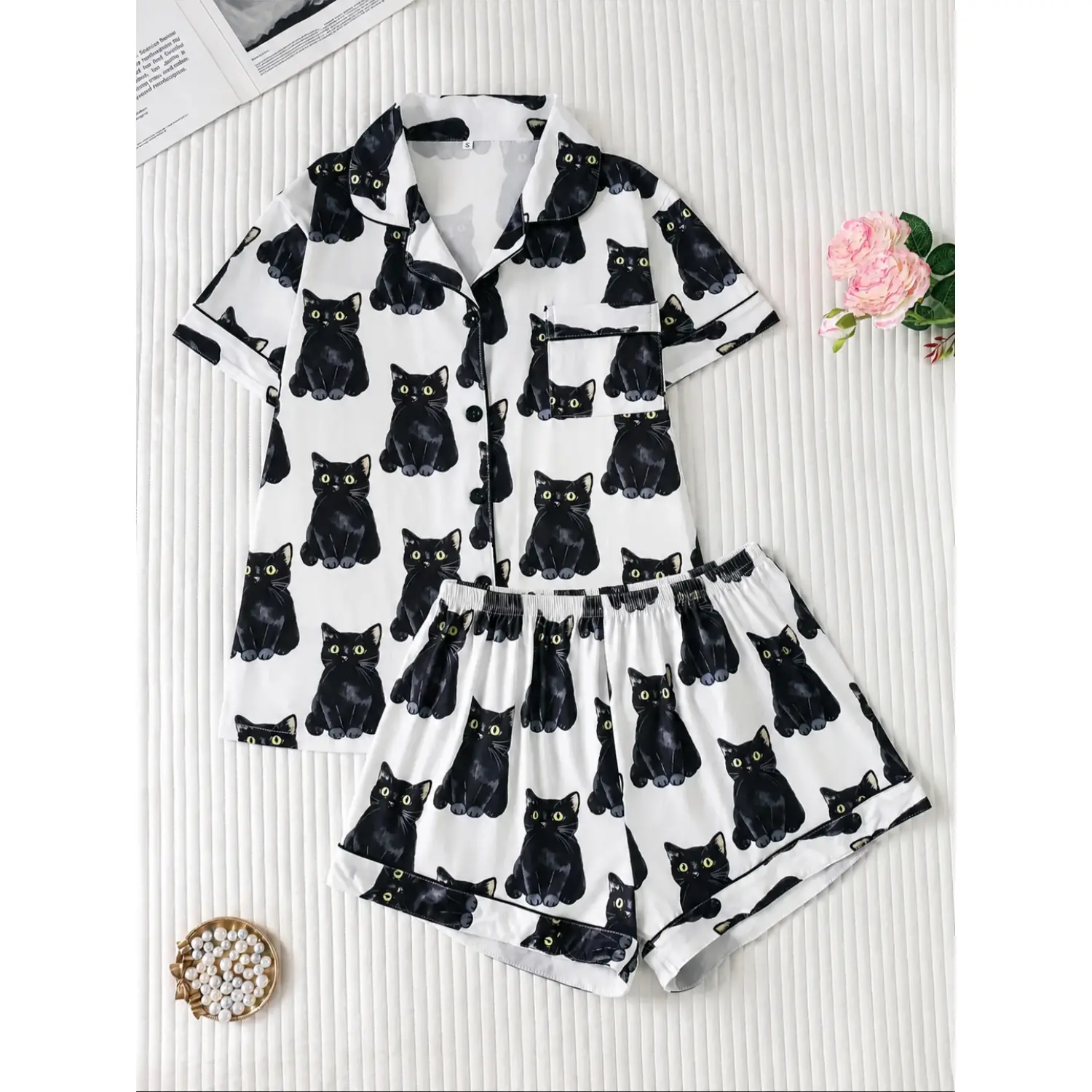 2-Piece Adorable Cartoon Cat Print Pajama Set: Button-Front Short Sleeve Top & Comfortable Loose Shorts, Casual Women's Sleepwear & Loungewear