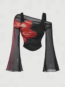 Valentine's Day Women's Long Sleeve T-Shirt, Asymmetrical Shoulder Design Slim Fit Casual Top, Fall & Winter Fashion, Moderate Fabric, Comfortable Wear