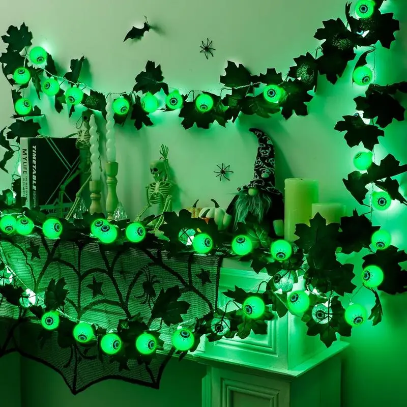 BougeRV Spooky LED Maple Leaf Eyeball Light String - Green, Eyeball Motif, Indoor Lighting, Outdoor Safe Party Decoration Supplies for Home Improvement Scenes