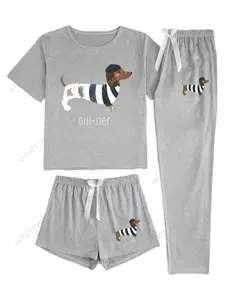 Women's 3pcs Dachshund Print Pajama Set • Cute Cartoon Dog Sleepwear with Shorts & Long Pants • Soft All-Season Comfort Lounge S