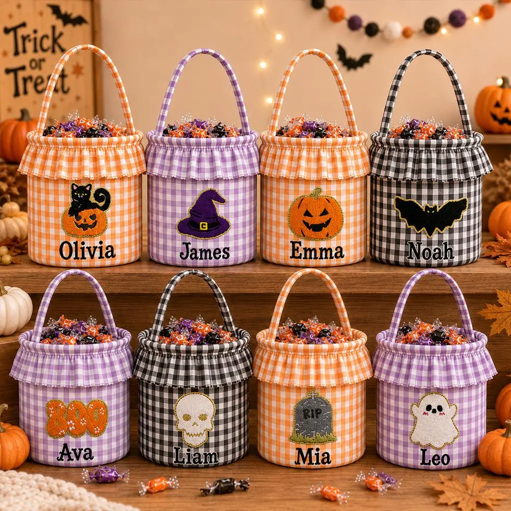 Personalized Halloween Trick or Treat Basket - Custom Name Plaid Candy Bucket with Ruffle, Kids Halloween Bag, Spooky Party Gift