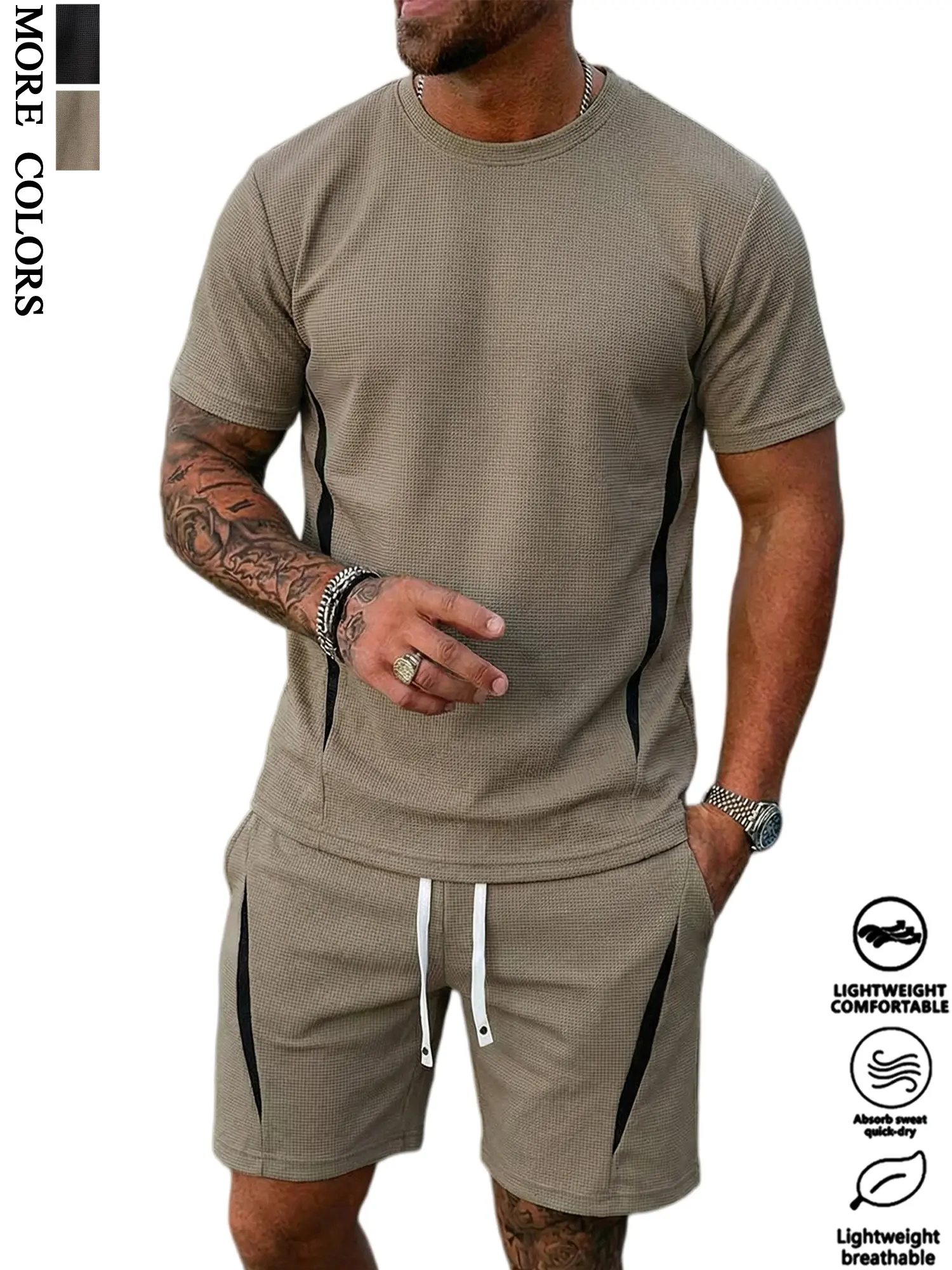 Men's Casual Summer 2 Piece Set | Waffle Knit, Lightweight Comfort, Drawstring Shorts for Hiking, Beach, Vacation, Workout & Daily Wear#SummerVibes