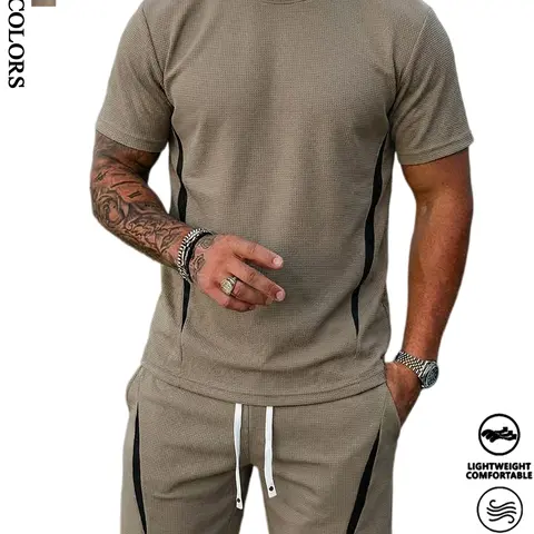 Men's 2-Piece Short-Sleeve Waffle Knit Casual Tracksuit Set - Lightweight Fabric, Elastic Drawstring Shorts, Plain Tee for Daily Wear, Gym