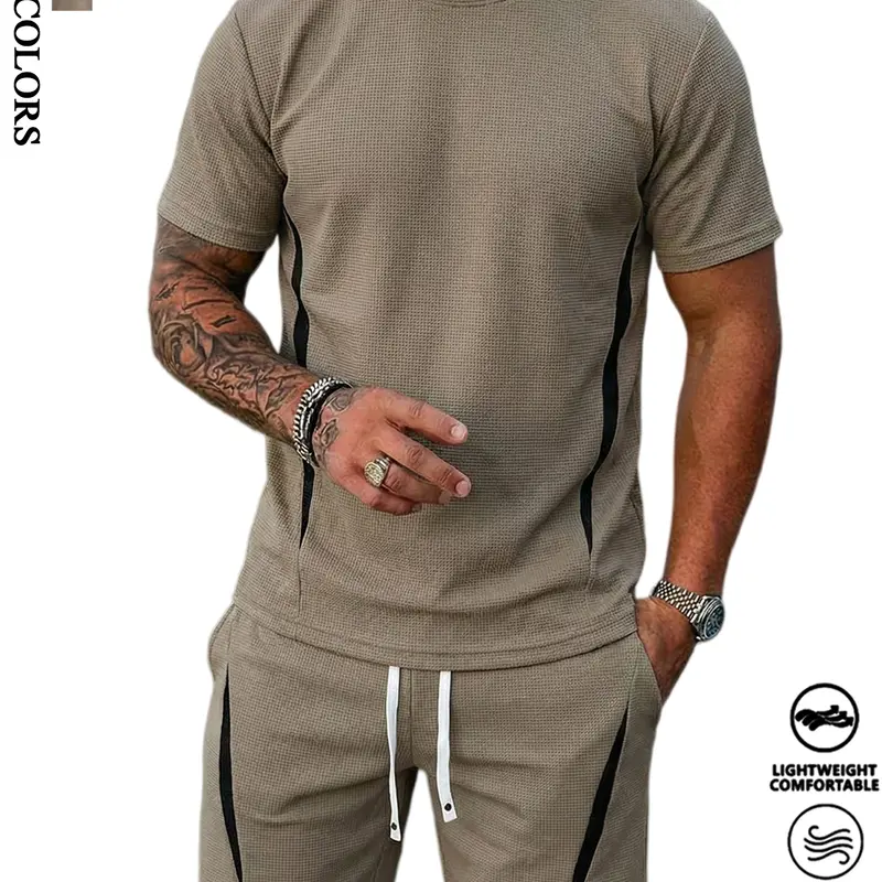 Men's 2-Piece Short-Sleeve Waffle Knit Casual Tracksuit Set - Lightweight Fabric, Elastic Drawstring Shorts, Plain Tee for Daily Wear, Gym