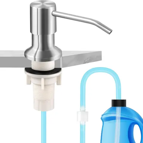 Kitchen Gadgets Home Hack Dish Soap Dispenser for Kitchen Sink and Tube Kit, 47" Tube Connects Pump Directly to Soap Bottle Steel Stainless Brushed Nickel Fitting Silicone