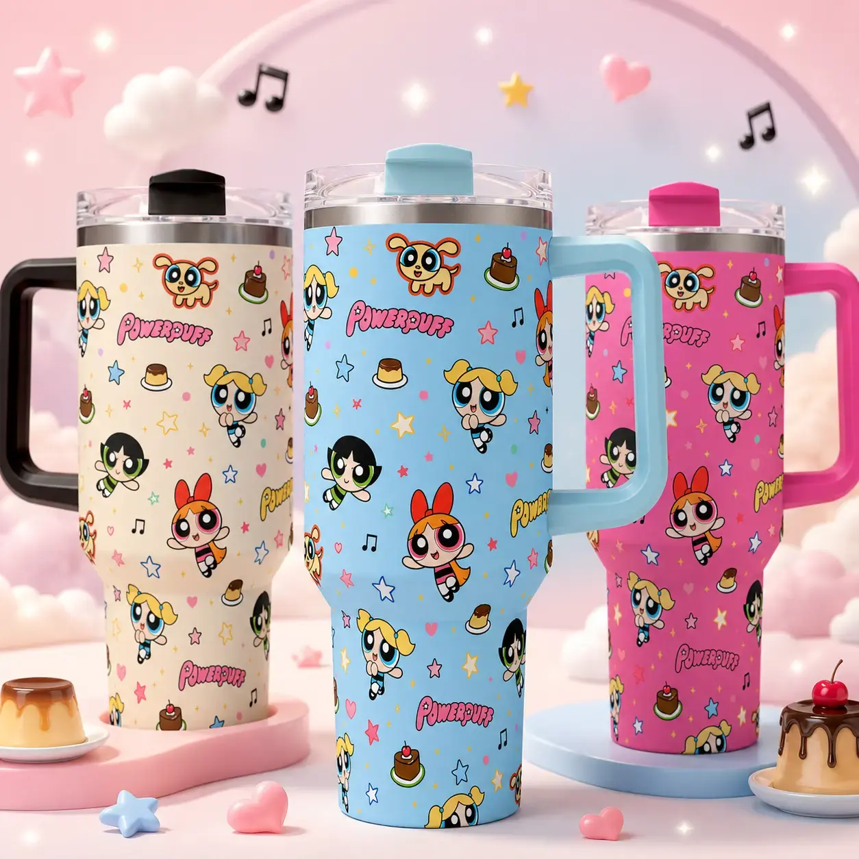The Powerpuff Girls Insulated Stainless Steel Tumbler - 40 oz Leak-Proof Vacuum Insulated Flask, Multi-Color Styles, TikTok Viral Cute Drinkware for Coffee, Outdoor Use, Insulated Tumbler