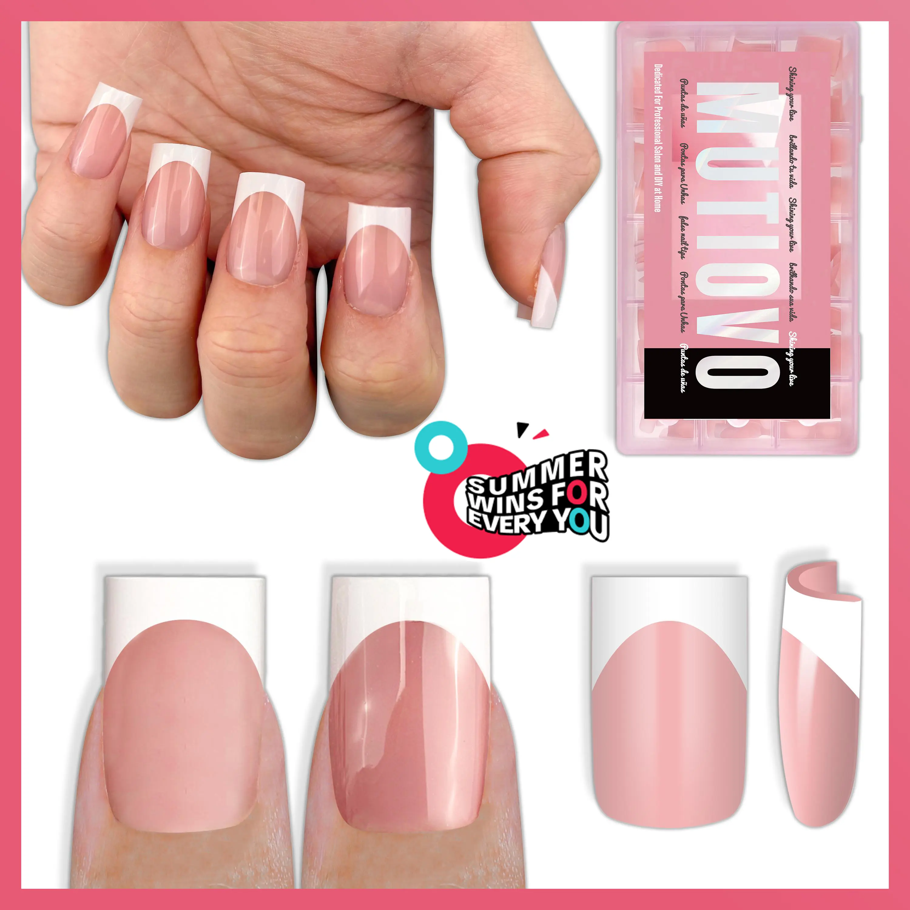 MUTIOVO White French Tip Short Straight Square Nail Tips Press on, BABY PINK Extra Thick NEED Soft Gel Nail Extension, Need Builder gel & Top,Coat Full Cover False Nails, for DIY x 15 Sizes 150 pcs