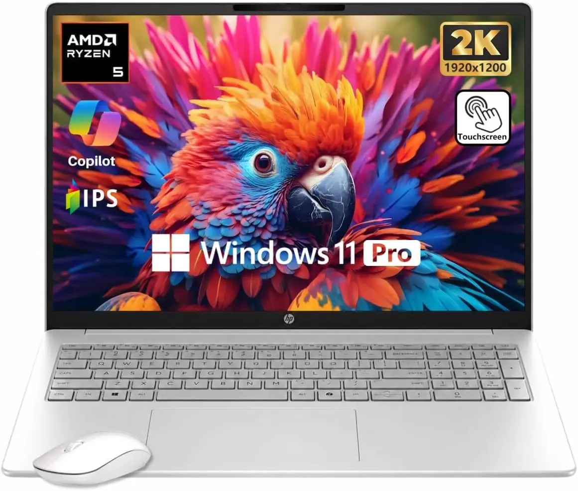 HP Omnibook 16" WUXGA Touchscreen Business Laptop, AMD Ryzen 5 40, 8GB DDR5 RAM, 256GB SSD, Win11 Pro, All-Day Battery Life, Copilot AI, WiFi 6, Glacier Silver