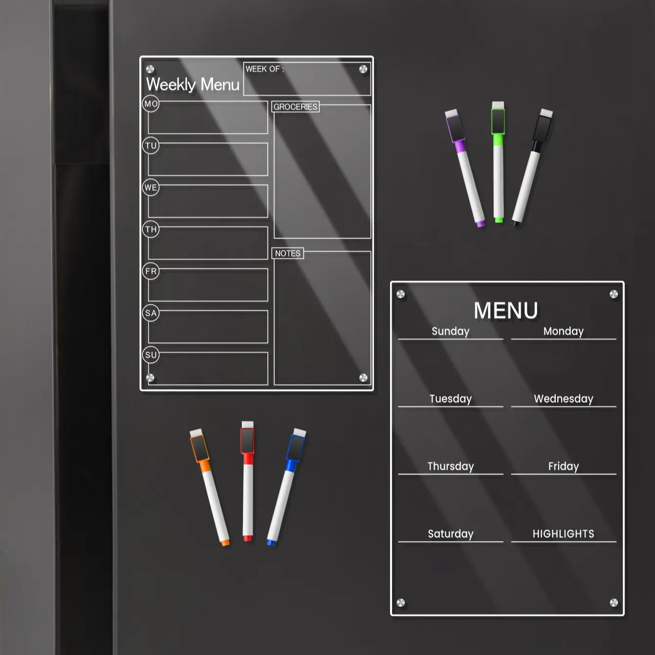 Magnetic Weekly Meal Planner Set, Transparent Acrylic Erasable Board, Dual Design, Includes 6 Color Markers, Kitchen Organization Tool, Menu Planner, Meal Planner For Fridge, Fridge Calendar Magnetic
