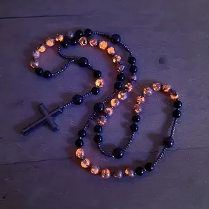 Natural Obsidian Yooperlite Rosary UV Reactive Protection Hematite Stone Cross Pendant for her, for him necklace Fashionable Collarbone Chain elegant rhinestone gift sparkly Adjustable Heart Rate Couples Set Day woman party Daily Bible Verse daughter