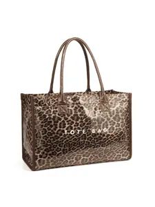 Women's Leopard Print Retro Tote Bag, Casual Letter Handbag, Transparent Minimalist Commuter Large Capacity Shoulder Bag, Handheld Bag