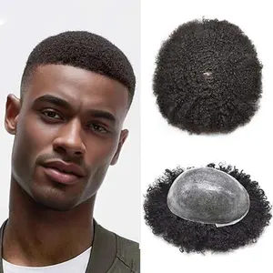 【TIMIA】Men's wigs for African American men, Afro men's wig replacement system, thin skin PU base wigs for black men, curly hair pieces, Brazilian real hair Afro men's wig (4mm Afro wave, 1B# deep black)