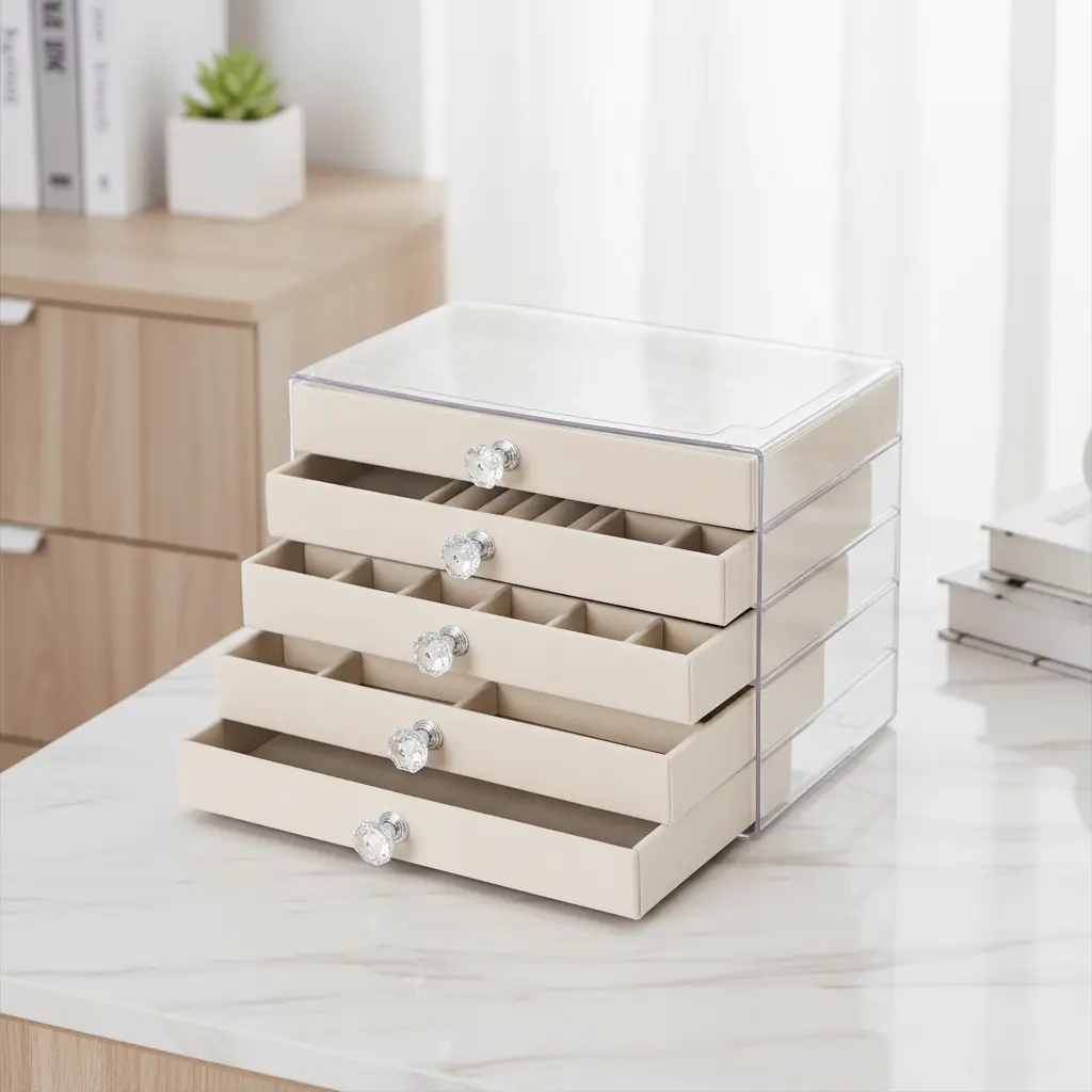 5 Drawer Acrylic Makeup Organizer with Crystal Handles, Clear Cosmetic Storage Box for Makeup, Skincare, Jewelry & Beauty Accessories, Vanity Organizer, Bathroom Countertop Storage, Luxury Makeup Drawer Organizer Gift for Women