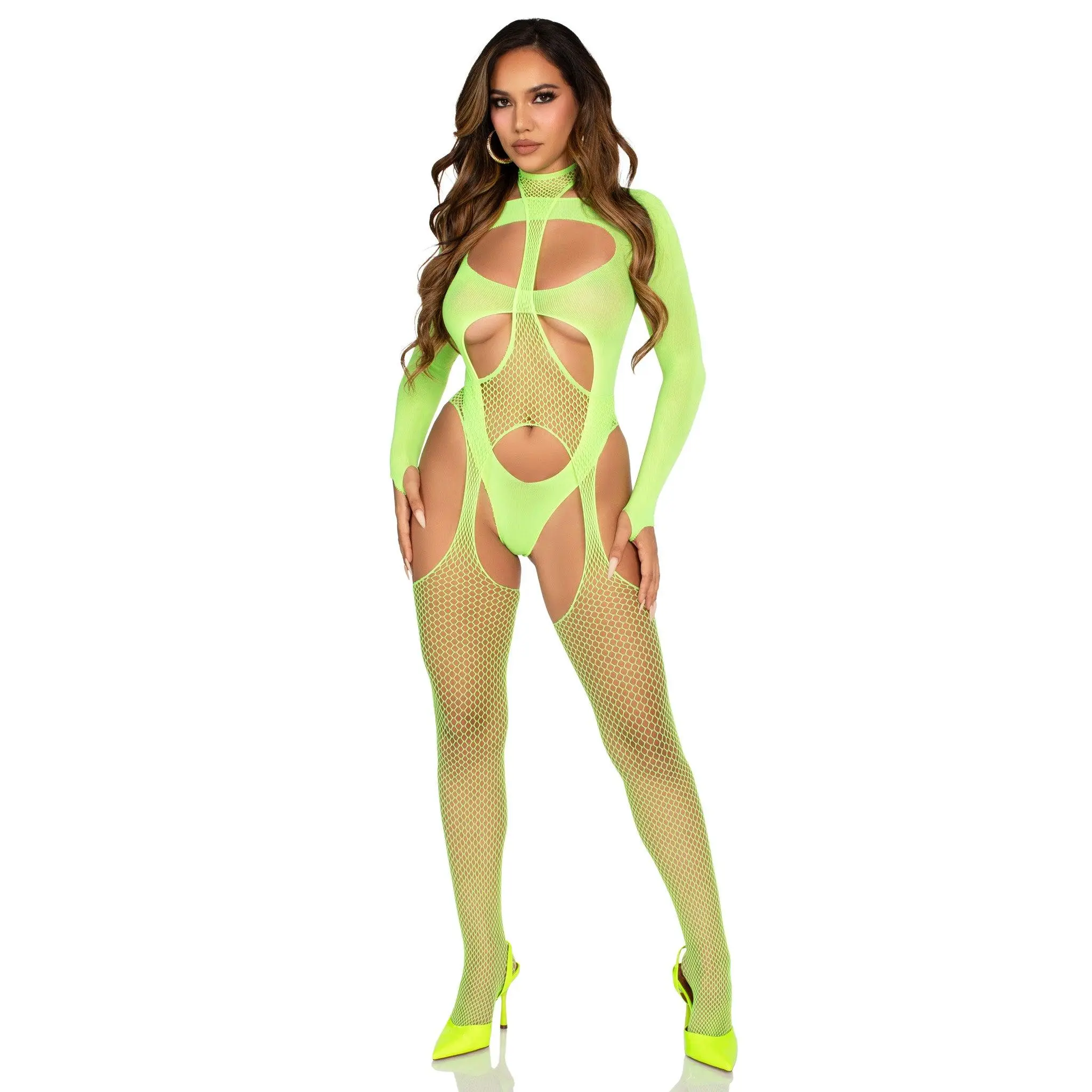Women's 2-Piece Halter Lingerie Set - Sexy Fishnet Suspender Bodystocking and Spandex Cut-out Bodysuit for Festival Outfits, Costumes, Fabric, Lingerie For Women, Elastane, Cut-Outs, Festival Sexy, Cold Handwash, Nylon Blend, Halter Suspenders, Opaque Lay