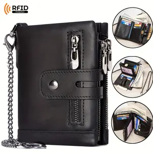 Men's Wallet with Chain Genuine Leather Wallet RFID Blocking Bifold Double Zipper Coin Pocket with Anti-Theft Chain Compact