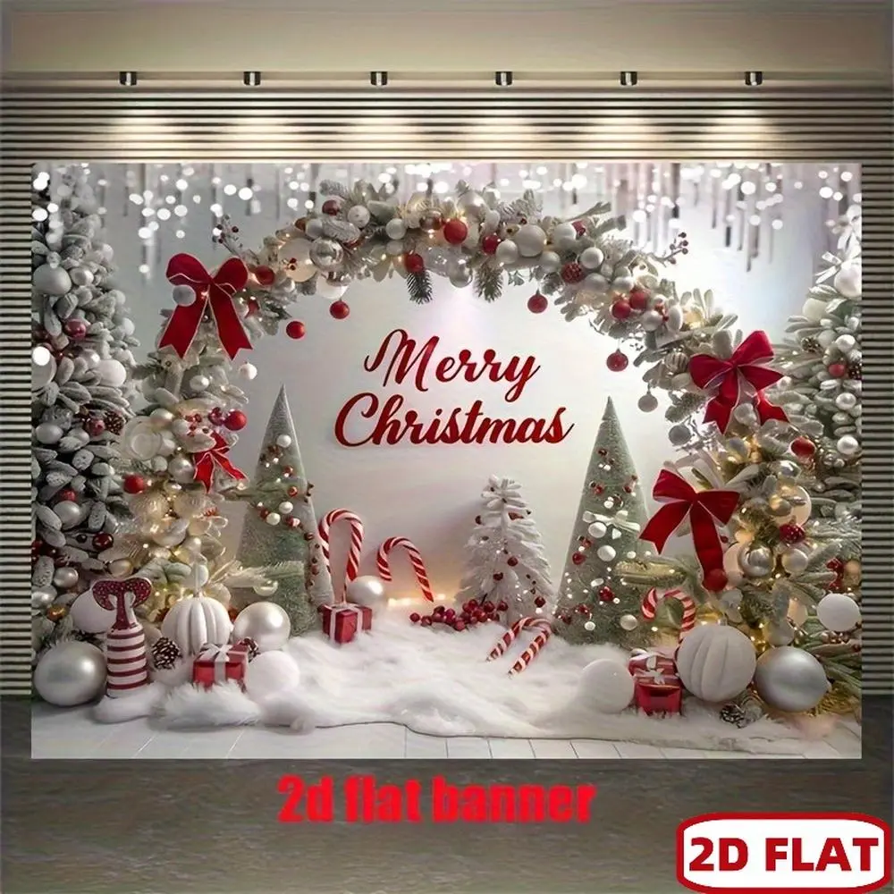 1pc Polyester 2D Flat Christmas Arched Backdrop - Festive Banner Decor with Candy Cane, Silvery Tinsel, White Snowy Pattern, "Merry Christmas" Lettering, Arch Trees, Balloons - Indoor/Outdoor Textile Decor for Living Room, Influencers, Christmas Photo Bac