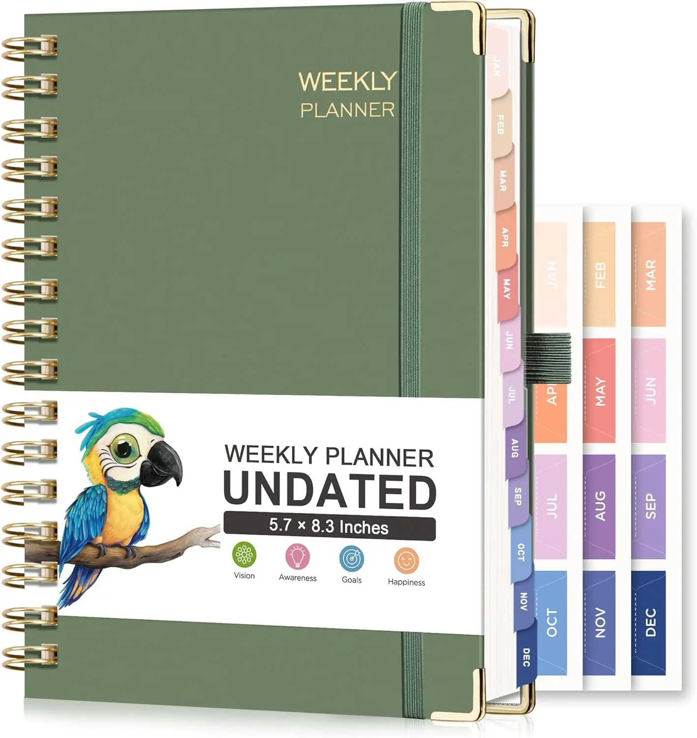 Undated Planner, Weekly and Monthly, 53 Weeks and 12 Months, Medium Size (5.7" x 8.3"), 24 Self-adhesive Monthly Tabs, Hardcover, 100 GSM Thick Paper, Spiral-bound (Light Green)