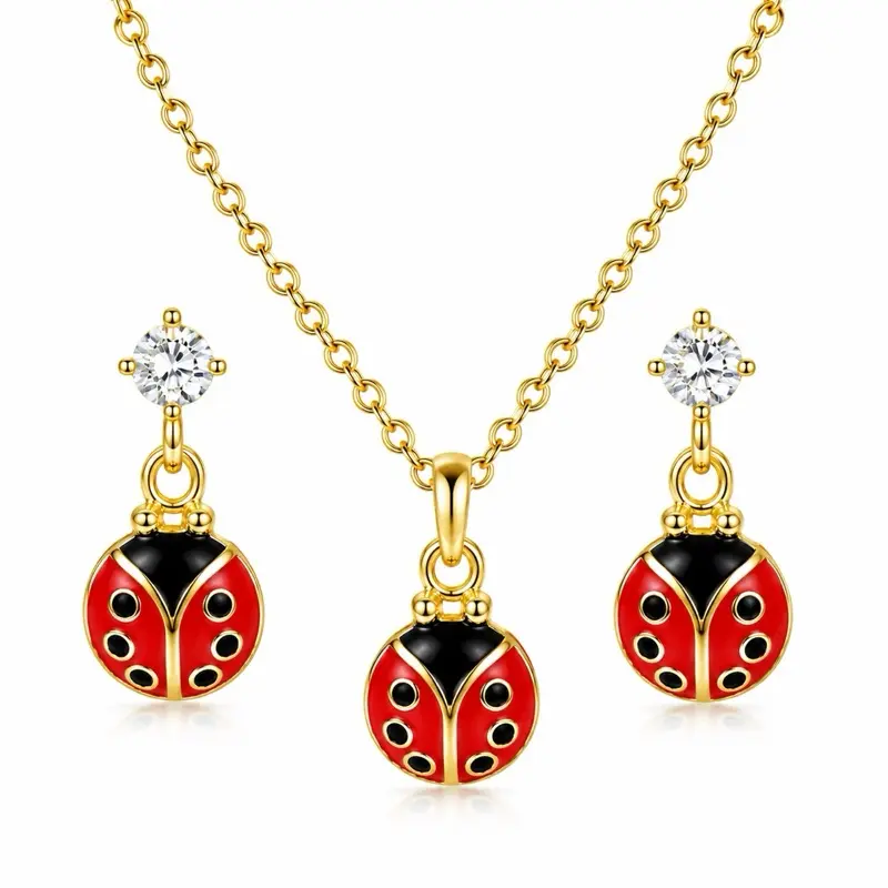 Gold Plated Ladybug Necklace & Earring Set with Red Enamel and Black Details