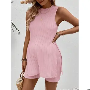 tiktokMaternityVacationCasualSolidColorSideSlitVestAndShorts2PcsSet