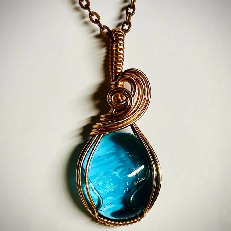 Caribbean Dreams Necklace - Copper and Aqua Glass Wire Wrapped Pendant with Unique Design
