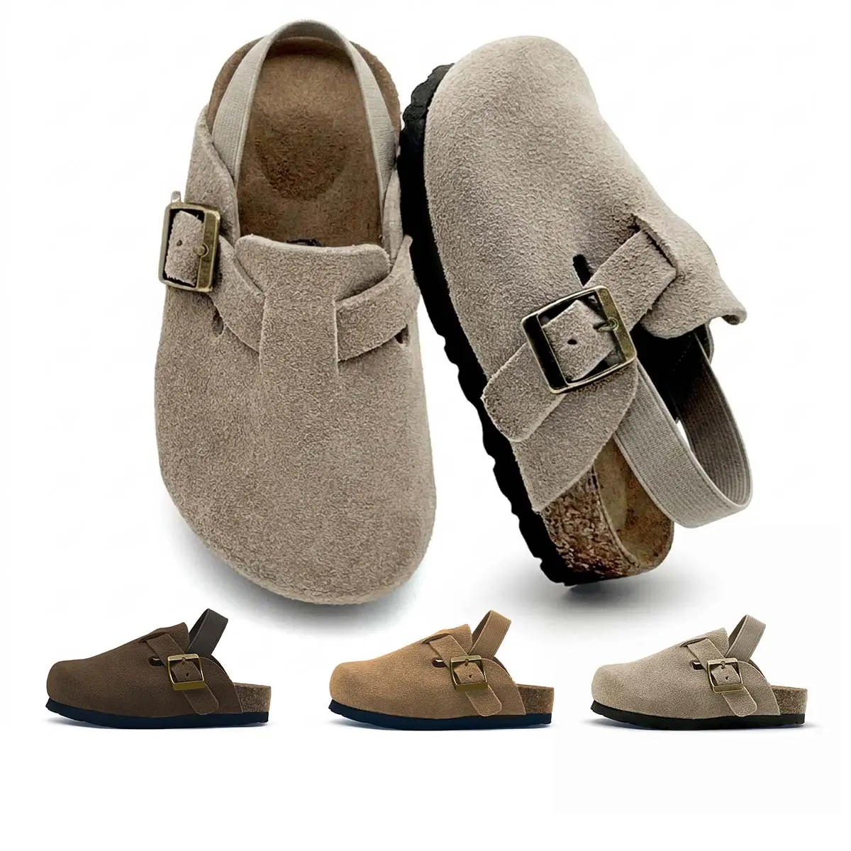 Lumubby Toddler Kids' Casual Suede Clogs, Round Toe Slippers with an Adjustable Buckle, Cushioned Cork Footbed and Non-Slip Sole