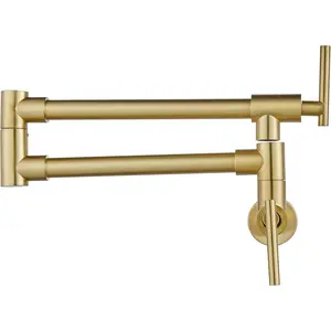 Wall Mount Pot Filler Faucet Brushed Champagne/Drawing Gold Folding Stretchable SUS304 Stainless Steel Double Joint Swing Arm Single Hole Two Handles NPT for Kitchen Restaurant Sink Commercial