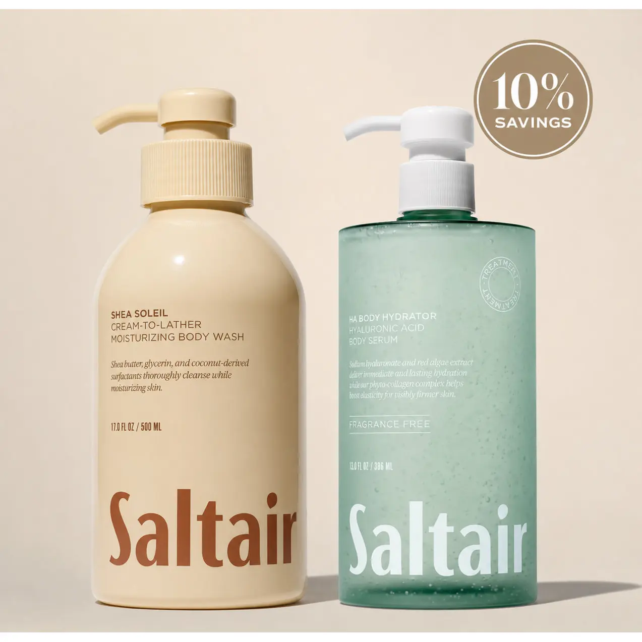 Saltair Shea Soleil Cleanse & Hydrate Bundle - Shea Soleil Body Wash (17 fl oz) & Hyaluronic Acid Body Serum (13 fl oz)