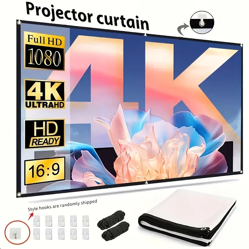 60-inch ultra-high-definition foldable HD Projection Screen, wall-mounted, 1080P video display, washable, wrinkle-resistant, no power required, made of plastic, ideal for home theaters and office projection, 2025 model.
