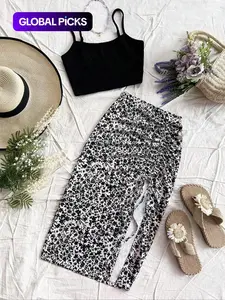Women's Plain Adjustable Cami Top & Ditsy Floral Print Ruched Drawstring Skirt, Casual Sleeveless Top & Skirt for Summer, Two-piece Women’s Sets, Womenswear