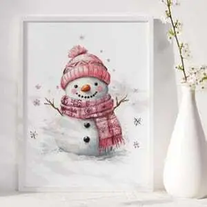 Watercolor Snowman Printable Wall Art, Preppy Pink Snowman Print, Girly Christmas Room Decor, Nursery Winter Wall Art