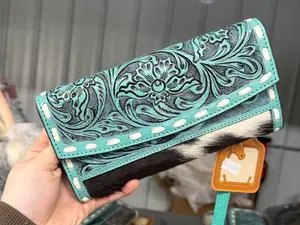 Genuine hand tooled leather & cowhide accordion style wristlet wallet with crossbody strap option- turquoise