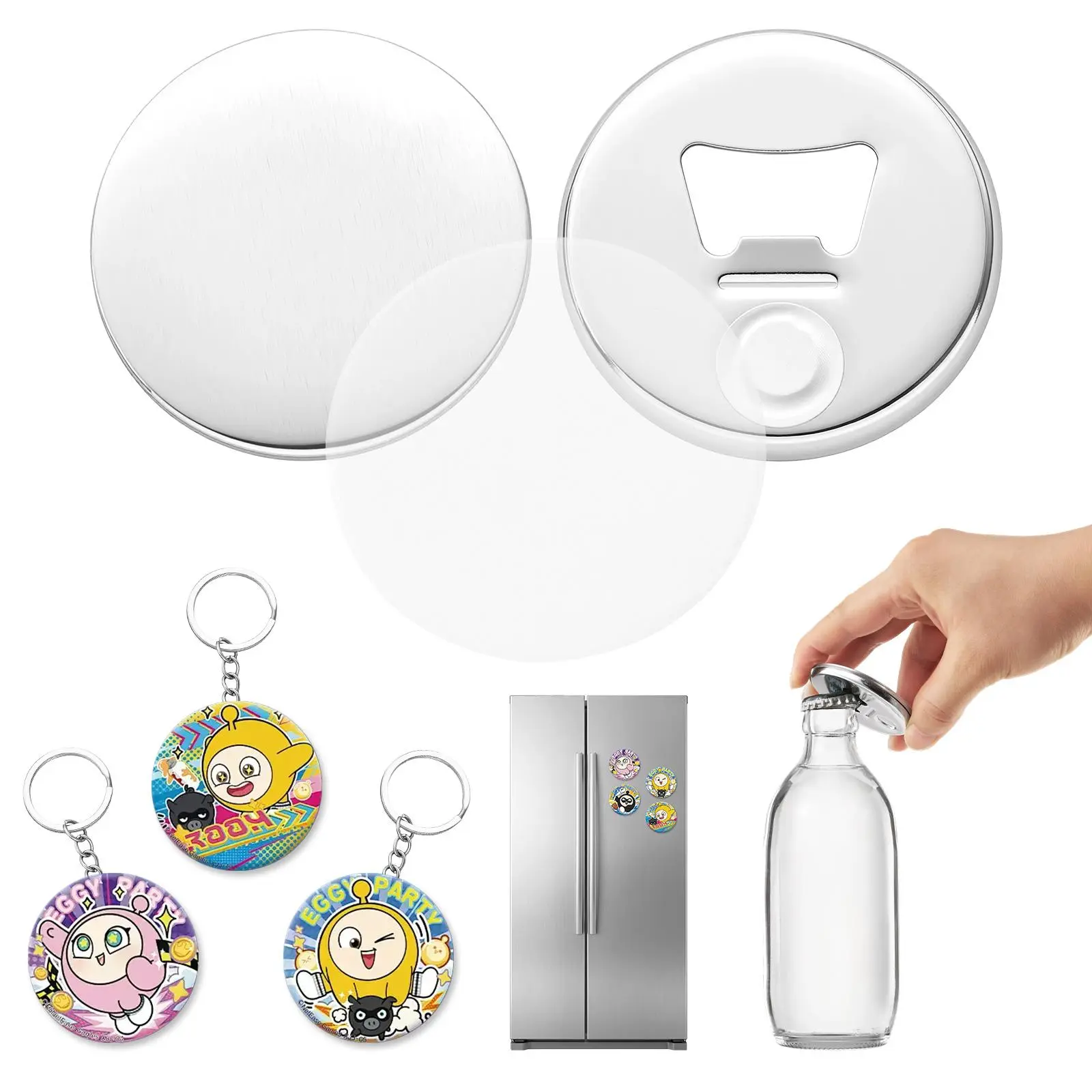 VEVOR Button Maker Supplies 50 Sets 2.28 in / 58 mm Refrigerator Magnets, Bottle Openers, and Keychains Button Parts with Backs, Shells, Clear Mylar Films, and Blank Circle Papers, for Home DIY