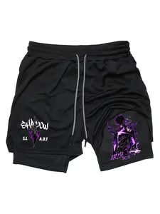Anime Prints 2-In-1 Drawstring Waist Shorts, Quick-Dry Swim Trunks, Loose Fit with Pockets, Ideal for Summer & Workout Wear